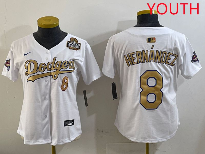 Youth Los Angeles Dodgers #8 Hernandez White Gold Game Nike 2025 MLB Jersey style 4296